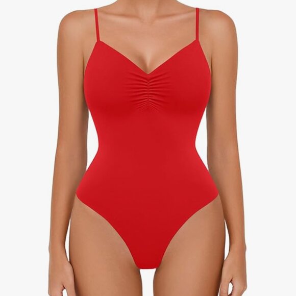 Ruched V Neck Backless Double Lined Thong Bodysuit - Picture 1 of 6